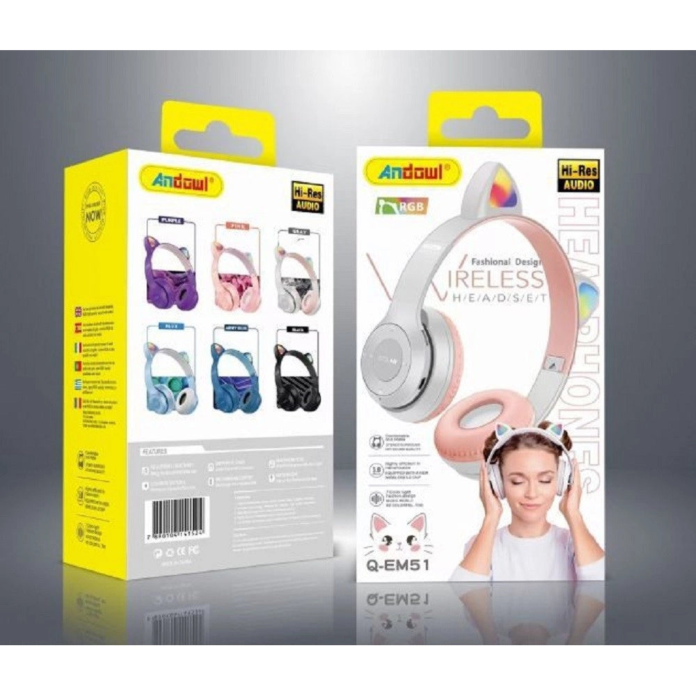 Trade Shop - Cuffie Bluetooth Wireless Gaming Auricolare Led Orecchie Gatto Smartphone Q-em51 -