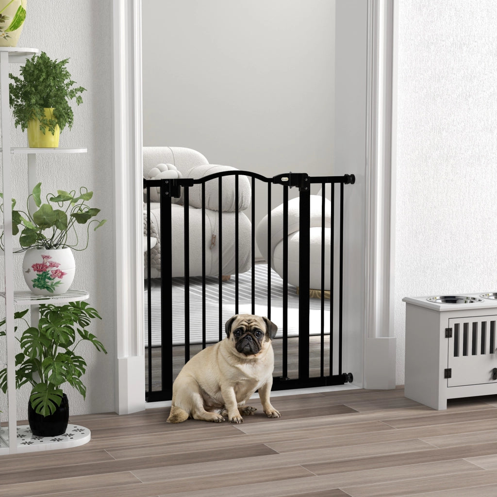 Cancelletto per Cani Estensibile con 2 Blocchi e Chiusura Automatica, in Metallo e Plastica, 74-87x78 cm, Nero
