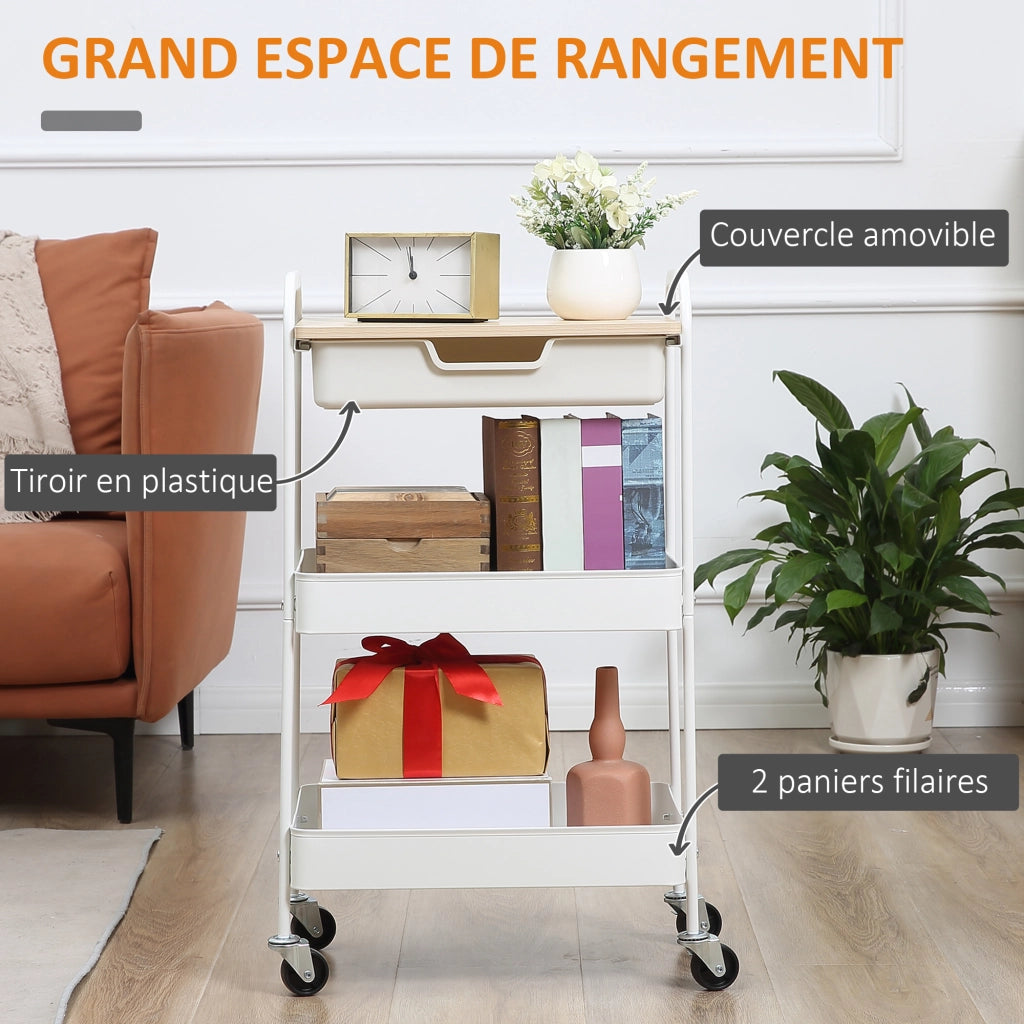 Carrello da cucina con ripiani e cassetto ¨C Zephmum ¨C Bianco, effetto legno chiaro, acciaio
