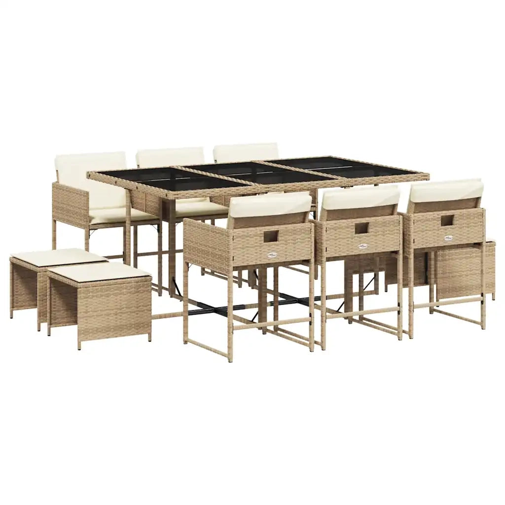 Set da Pranzo da Giardino 11 pz con Cuscini Beige in Polyrattan