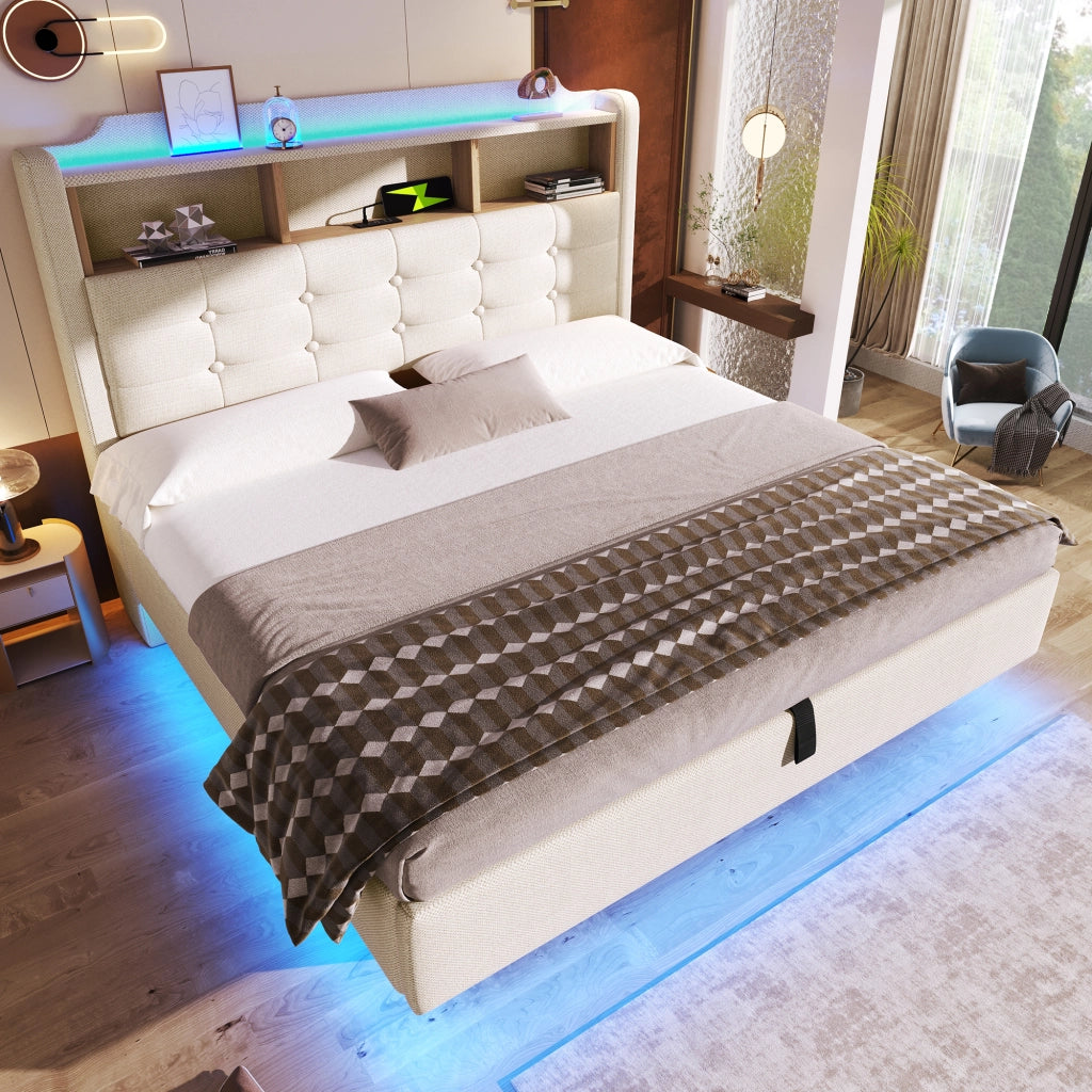 Letto imbottito 140x200 cm con LED, vano contenitore idraulico, USB e Type-C, beige