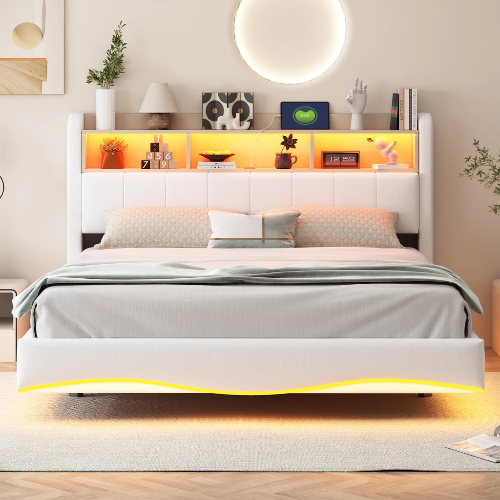 Letto imbottito con LED e USB - Zephmum - 160x200 cm - Beige - Design sospeso