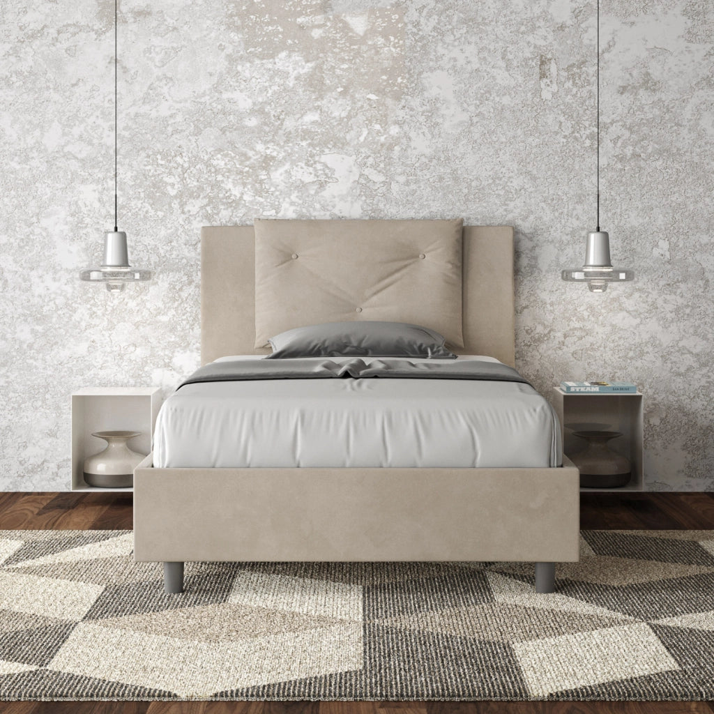 BS COM Letto una piazza e mezza con rete imbottito 110x190 microfibra sabbia