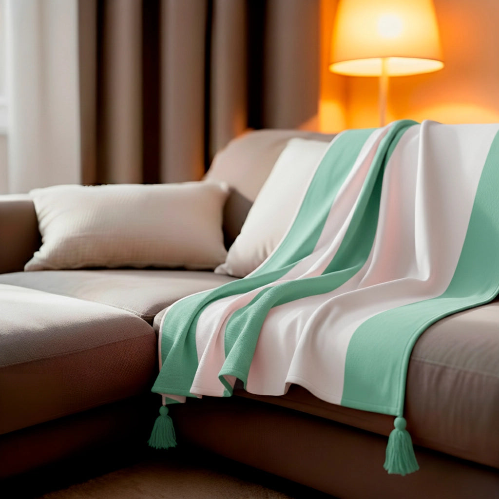 Plaid in cotone verde e bianco con pompon 180x220 cm SLAVIA