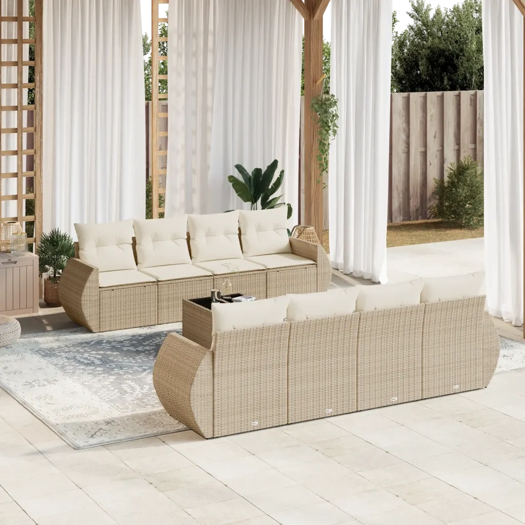 Set Divano da Giardino 9 pz con Cuscini Beige in Polyrattan 3221147