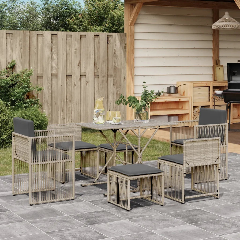Set da Pranzo da Giardino 7 pz Cuscini Polyrattan Grigio Chiaro 369014