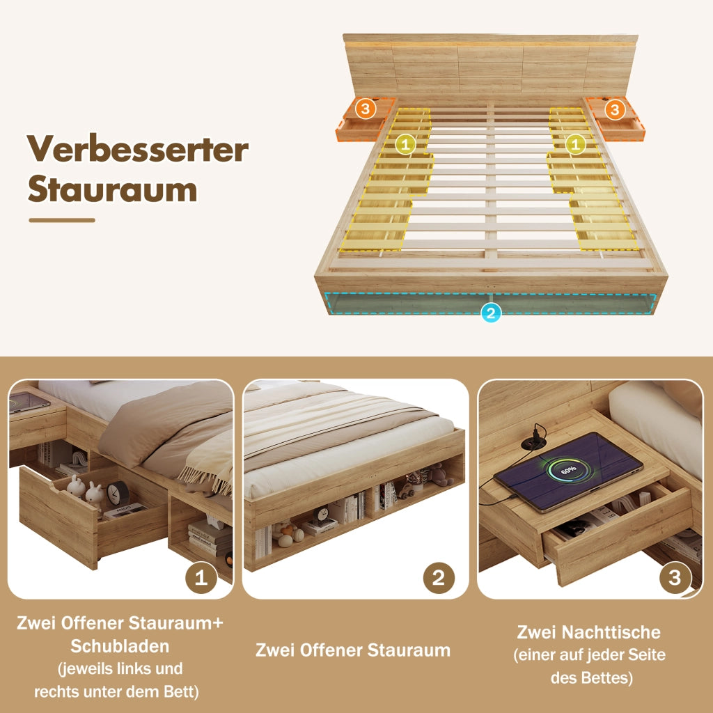 LETTO Contenitore 180x200 cm MDF Naturale con LED e 2 comodini