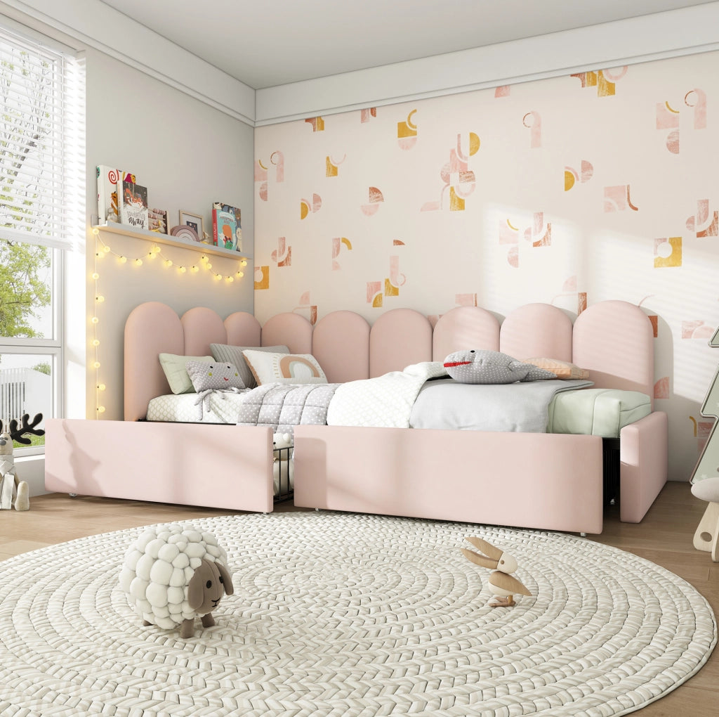 Divano letto singolo imbottito con 2 cassetti; velluto rosa; 90x200 cm