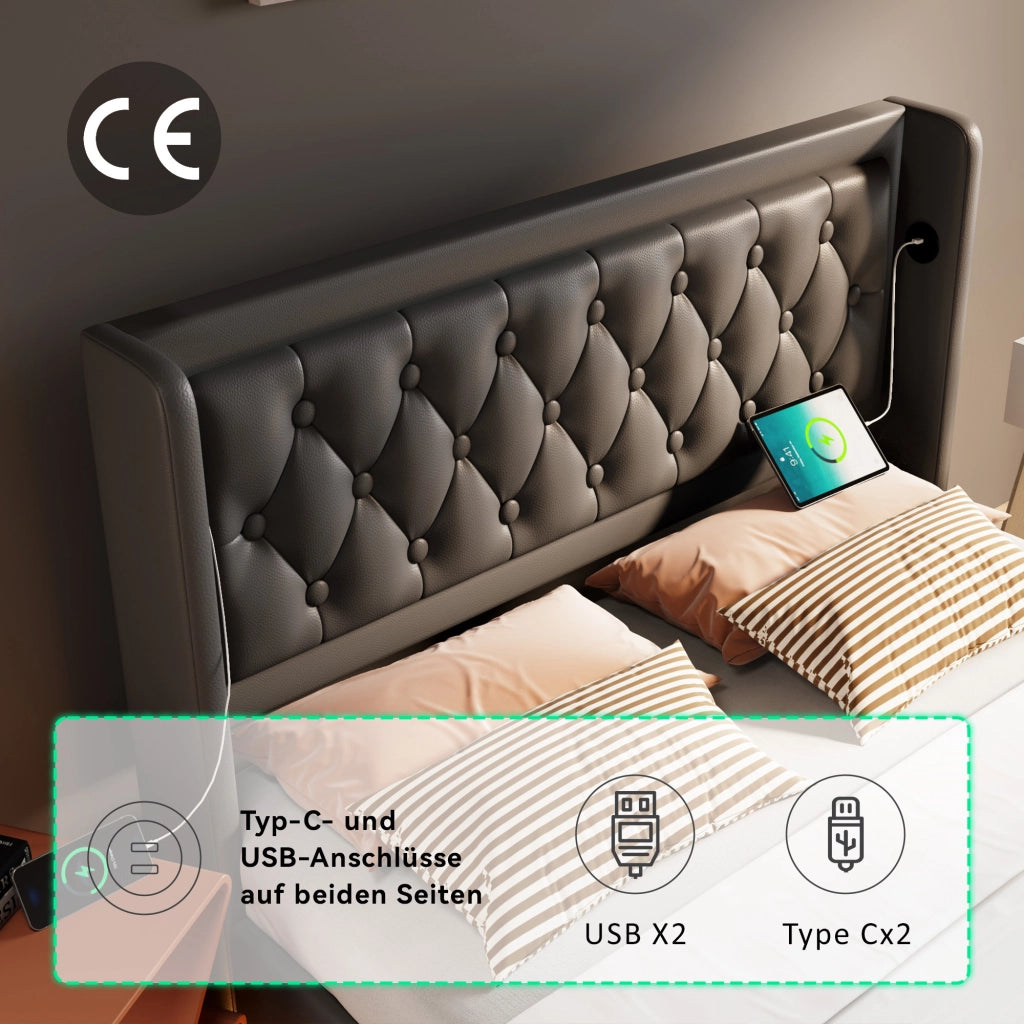 LETTO matrimoniale contenitore 180x200 cm PU nero con USB Type-C e LED