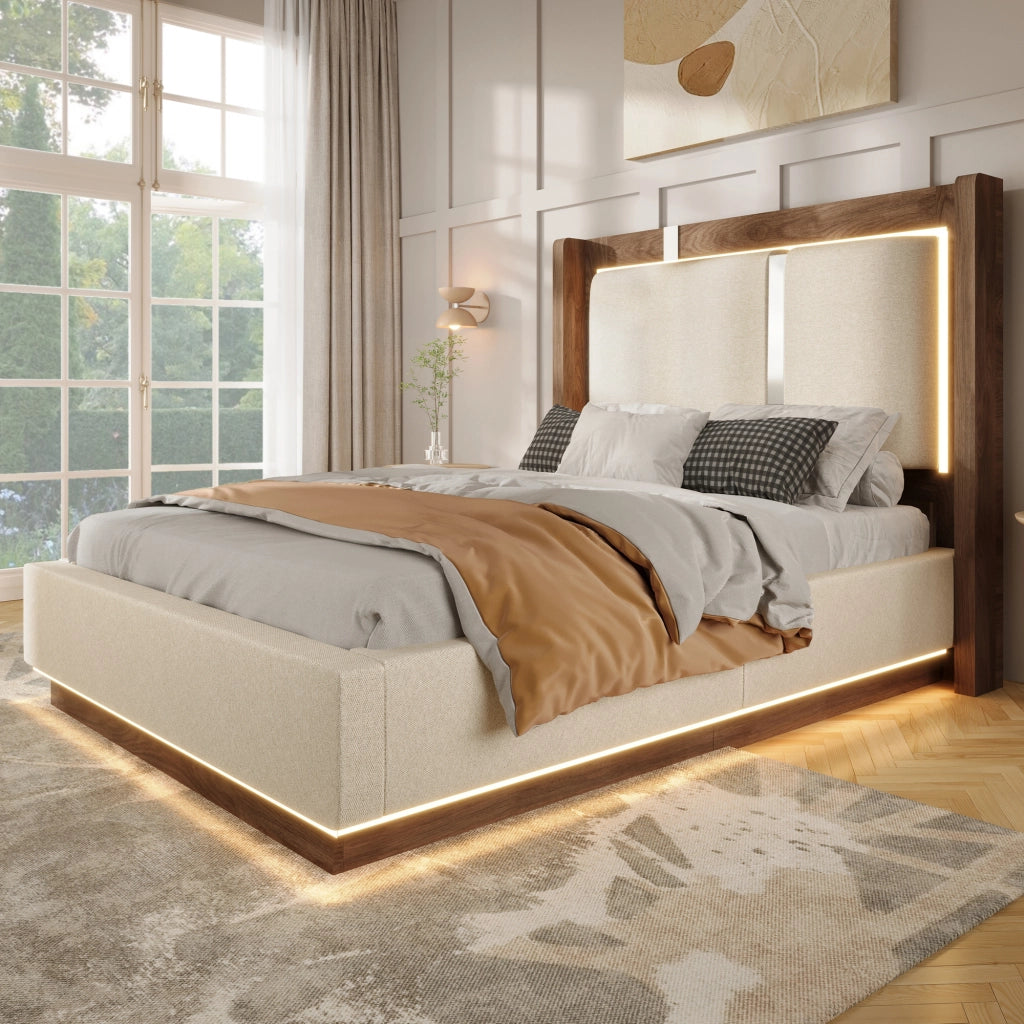LETTO 90x200 cm con LED, contenitore idraulico, lino beige e noce