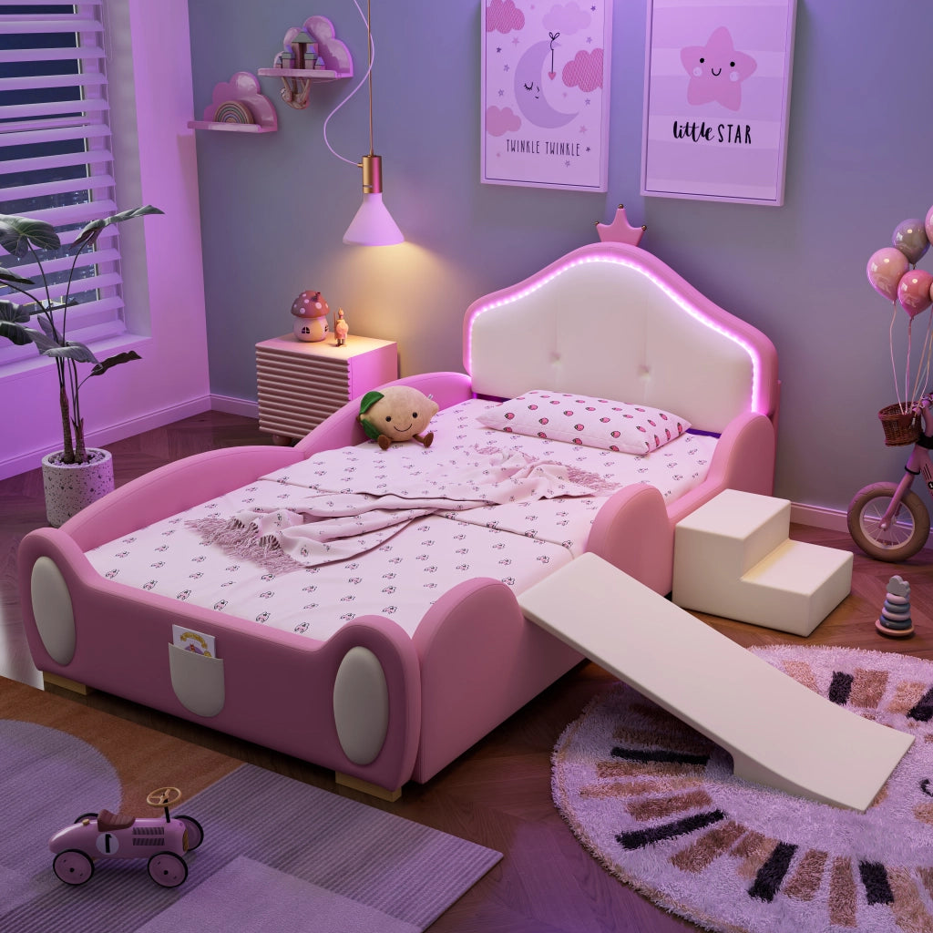 Letto per Bambini 90x200 cm - LED Multimodale; Scivolo e Scala - in PU - Rosa