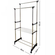 Trade Shop - Stand Appendiabiti Doppio Con Ripiano Base Ruote Aste Telescopiche Regolabile -