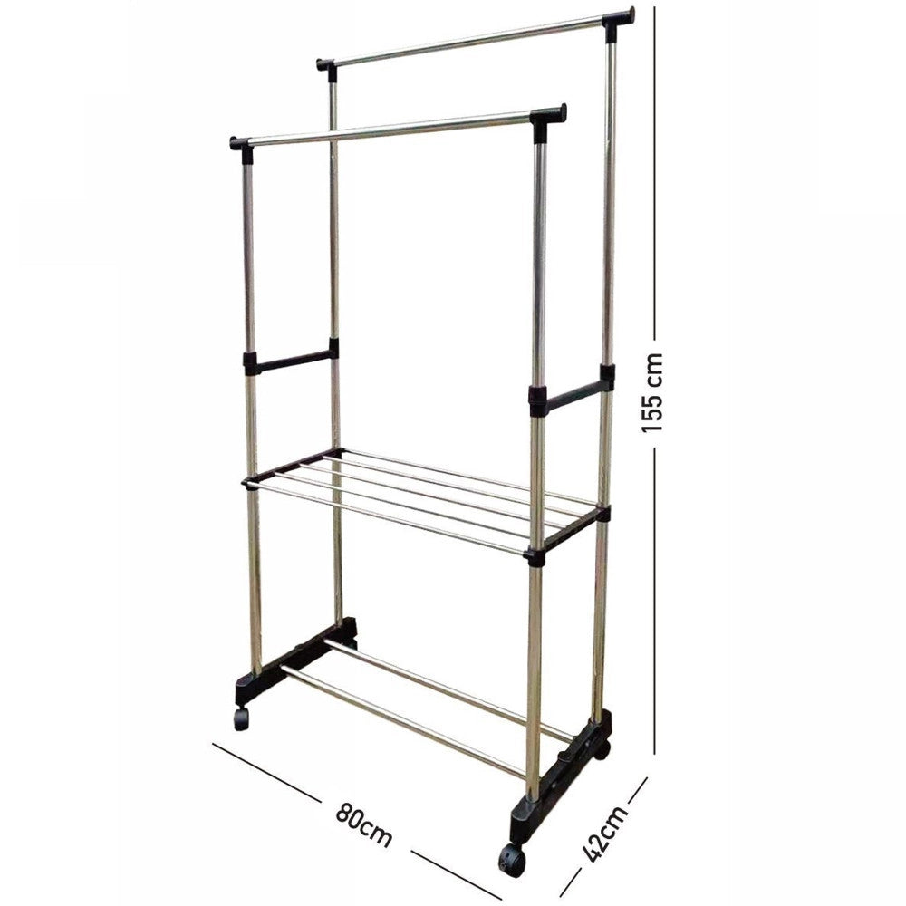 Trade Shop - Stand Appendiabiti Doppio Con Ripiano Base Ruote Aste Telescopiche Regolabile -