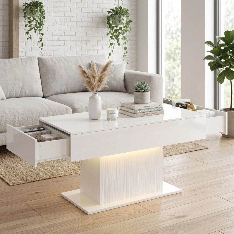 Tavolino da salotto con 2 cassetti nascosti e LED RGB; finitura lucida; per soggiorno; in legno; bianco