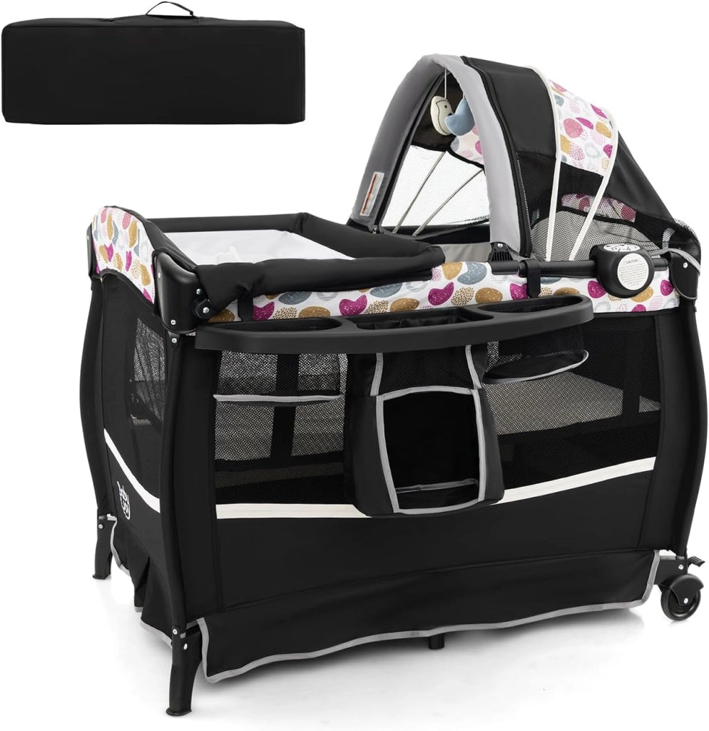4 in 1 Lettino da Campeggio con Fasciatoio, Lettino Pieghevole per Bambini con Materasso, Centro Neonati con Culla, Box Musicale, Cappottina Regolabile, Borsa da Viaggio (Cuore)