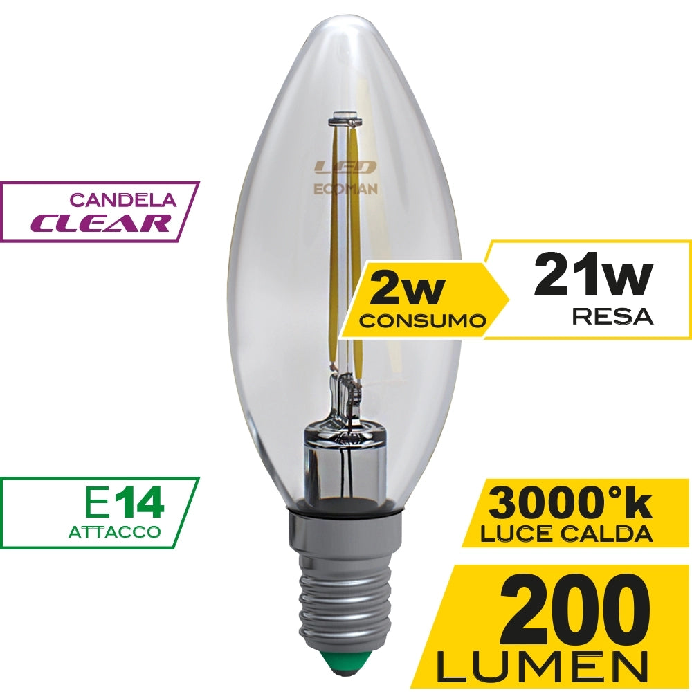 Lampadina LED candela filo Clear 2W