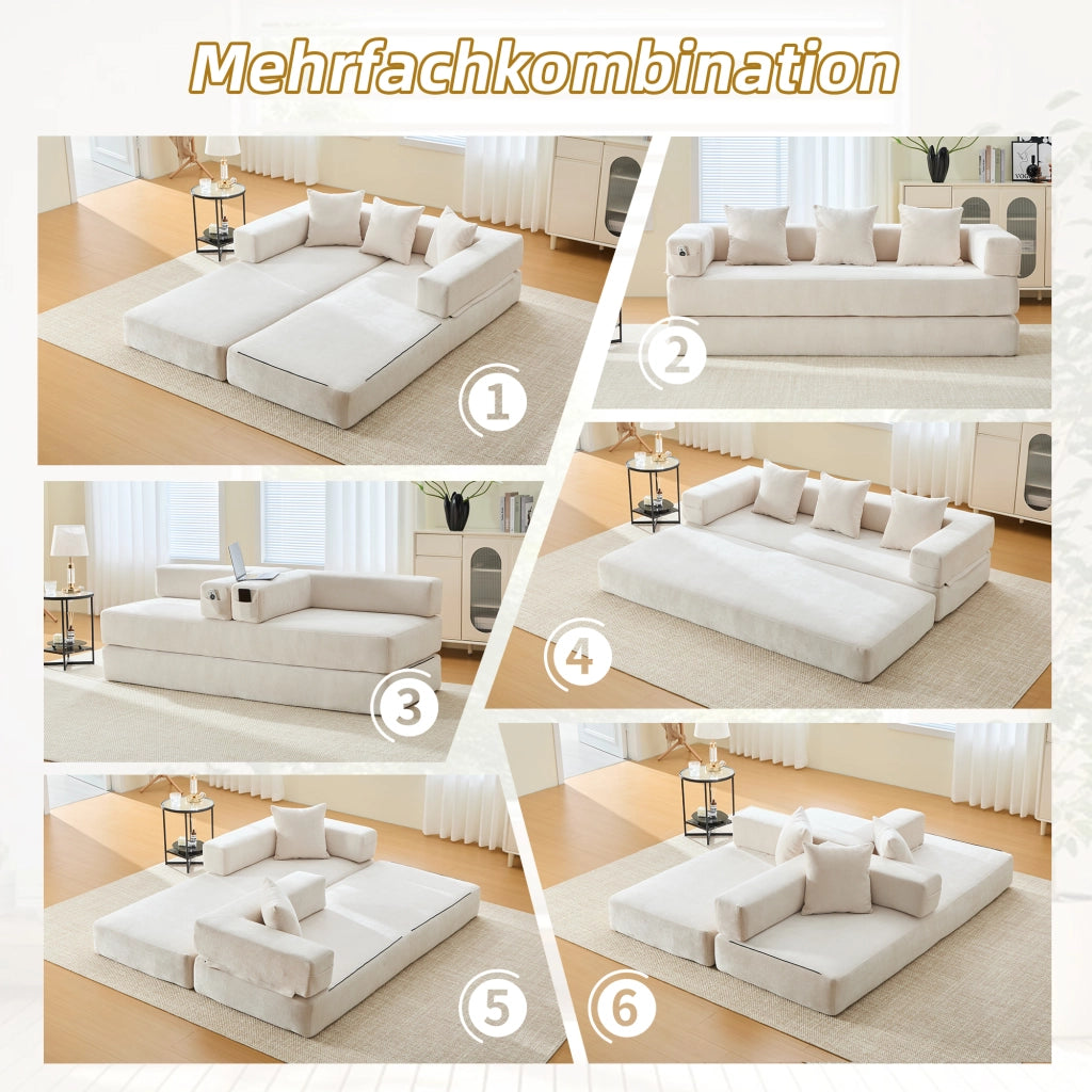 divano modulare in chenille con tasche laterali e base antiscivolo; beige
