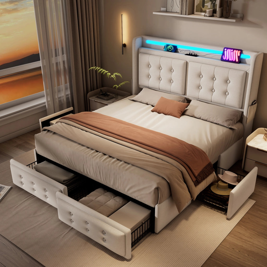 LETTO imbottito 160x200 cm Beige con LED, USB e 4 cassetti