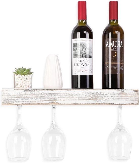 Wijnrek a muro di legno con organizzatore bar e contenitore vetrato 43CM lungo in stile rustico bianco