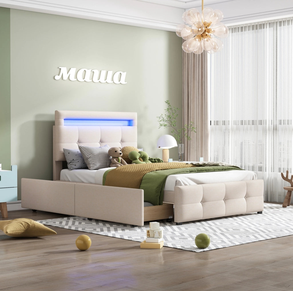 Letto imbottito con LED e 2 cassetti, 90x200 cm, beige