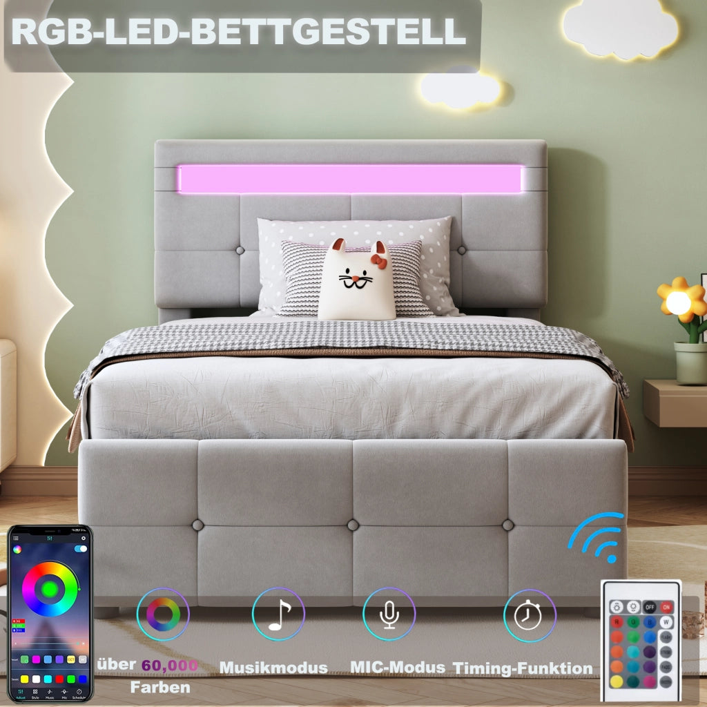 LETTO per bambini 90x200 cm con LED, contenitore, velluto grigio