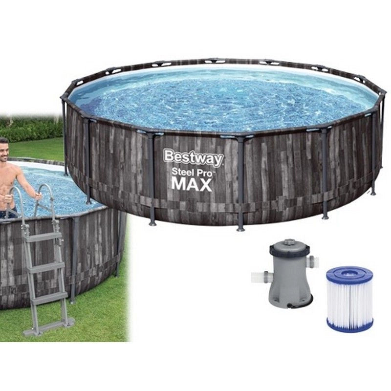 Bestway 5614Z Steel Pro Max Piscina Fuori Terra Rotonda 427x107 cm 13030 L Struttura in Acciaio Sistema FrameLink colore Effetto Legno Scuro
