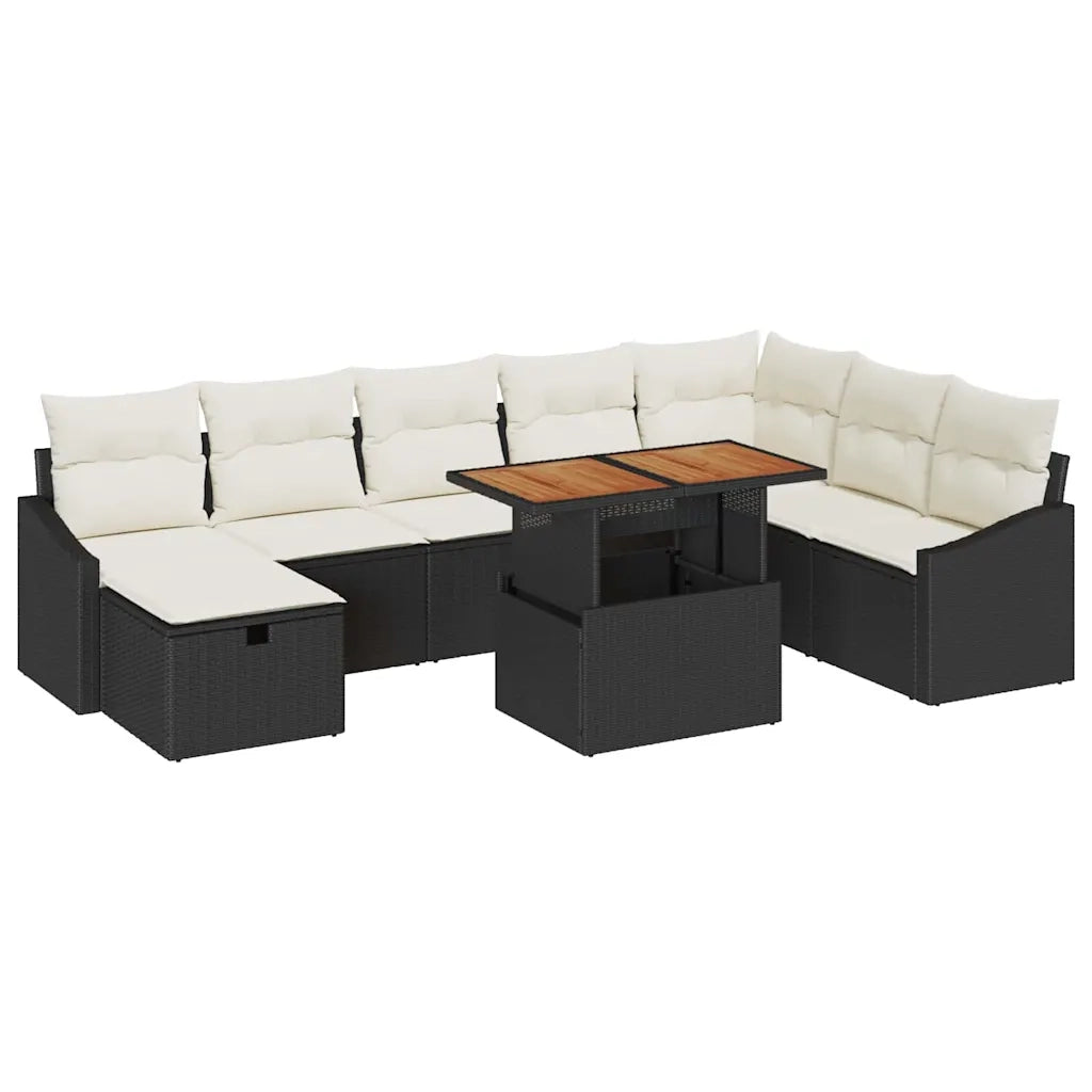 Set Divano da Giardino con cuscino 9 pcs Nero polyrattan