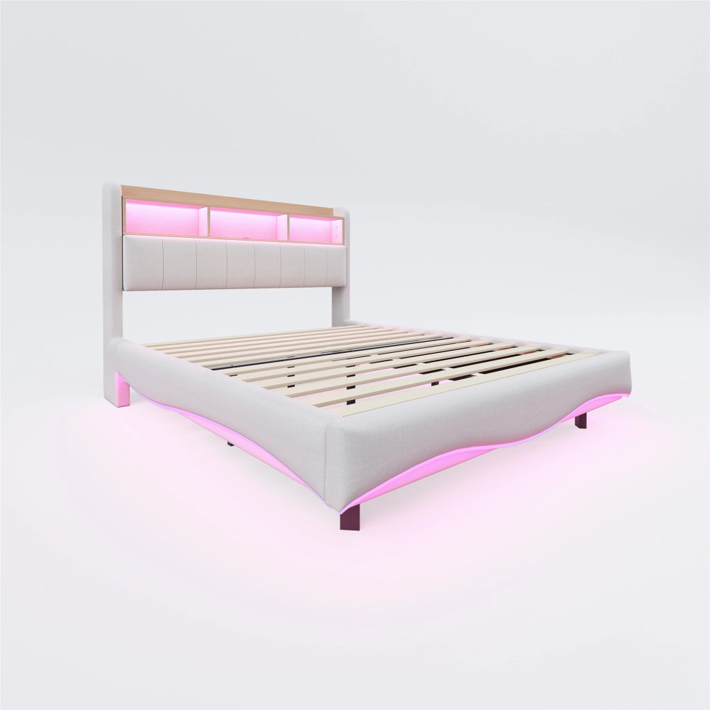 LETTO sospeso 140x200 cm beige in tessuto con LED, USB e Type-C
