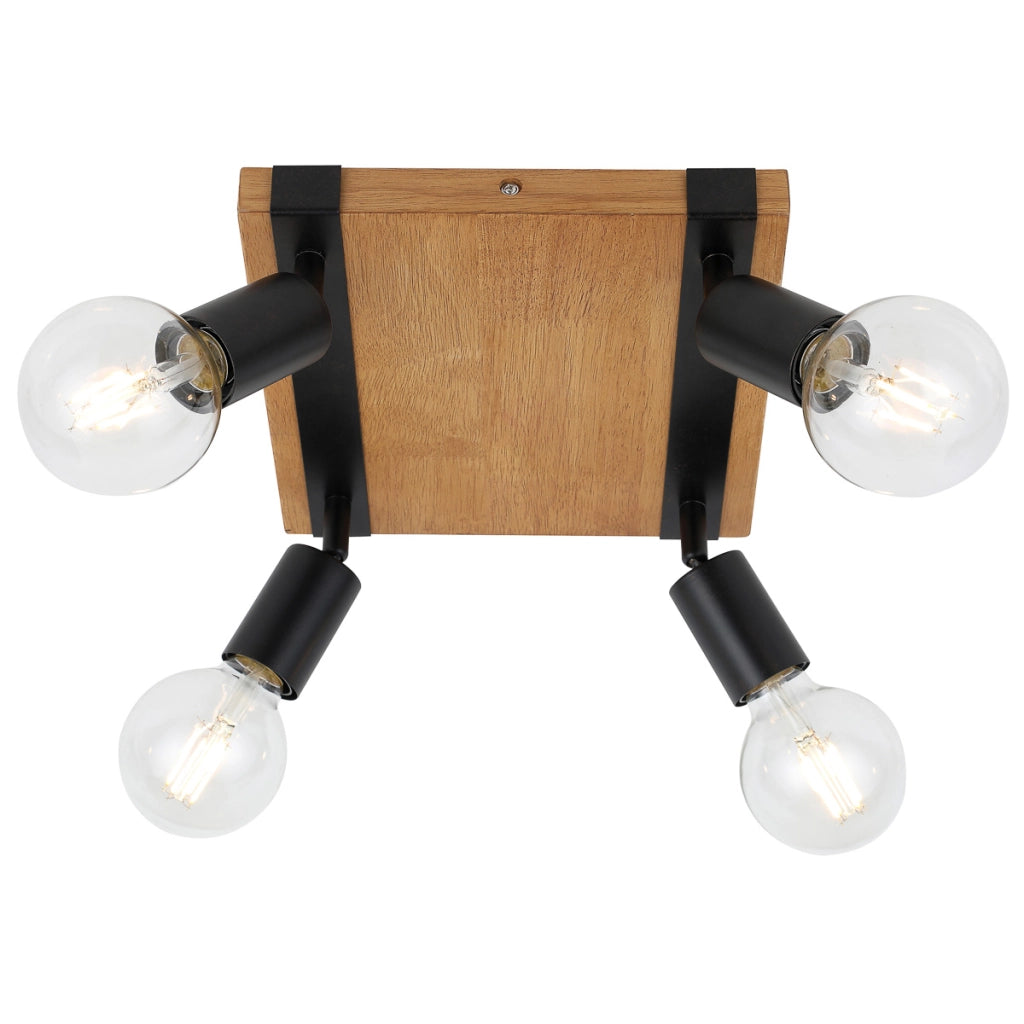 Faretto soffitto 4 luci nero/legno orientabile E27 Italux