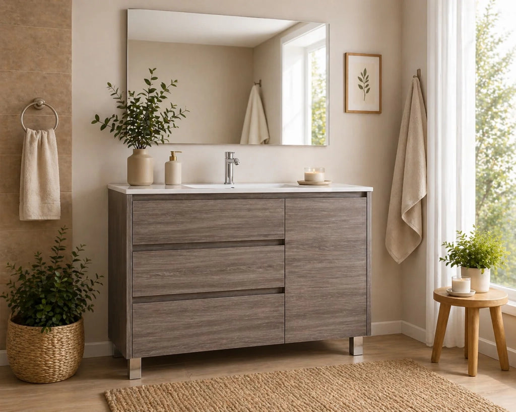 Mobile Bagno VOLUM Già Montato 3 cassetti e porta, lavabo e specchio Rovere affumicato 90x45 cm