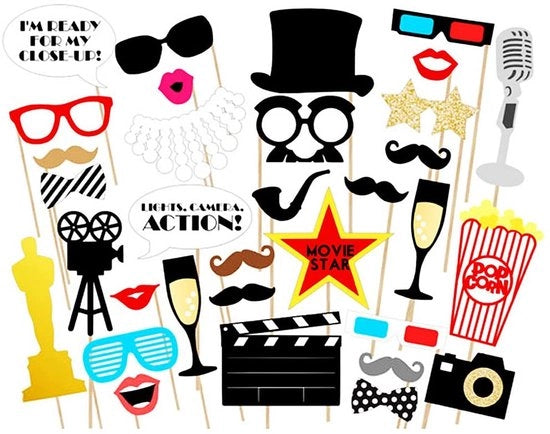 Set di accessori fotografici da 33 pezzi - Accessori divertenti per la fotografia - Snod/Labbra/Occhiali - Cartone duraturo - Bastone di bambù - Ideali per feste/fotografia - Accessori fotografici