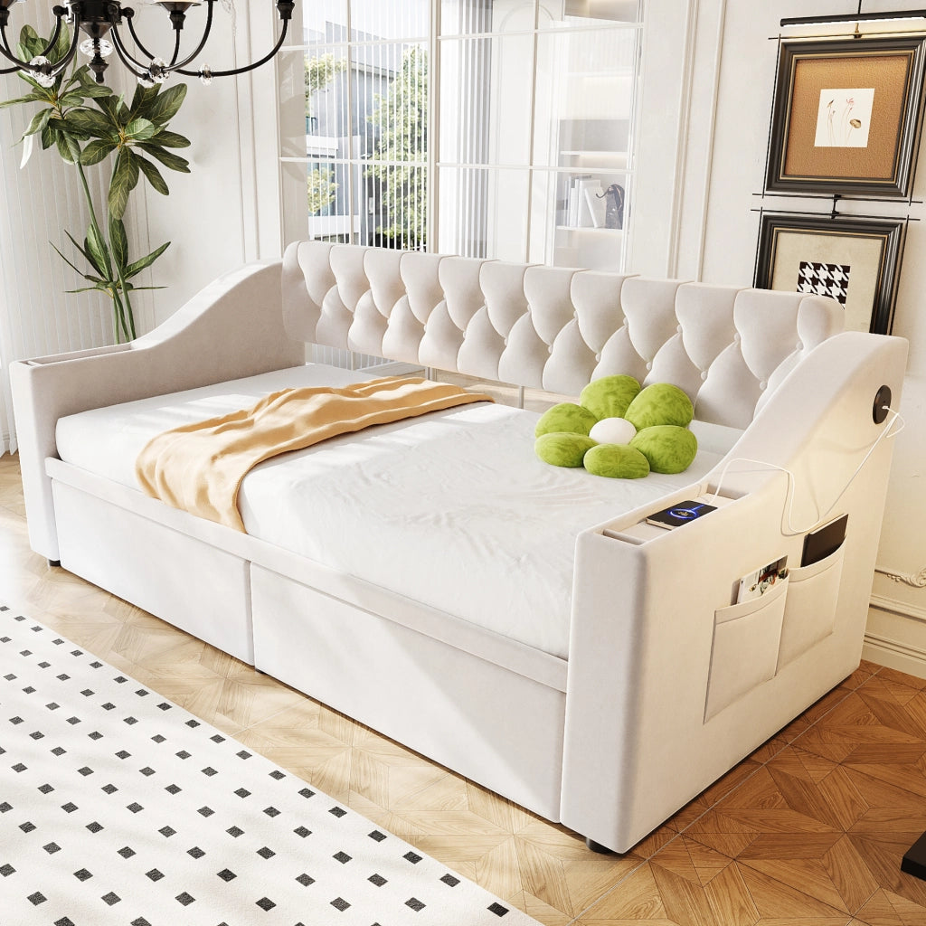 LETTO imbottito 90x190 cm in velluto beige con cassetti e vani laterali