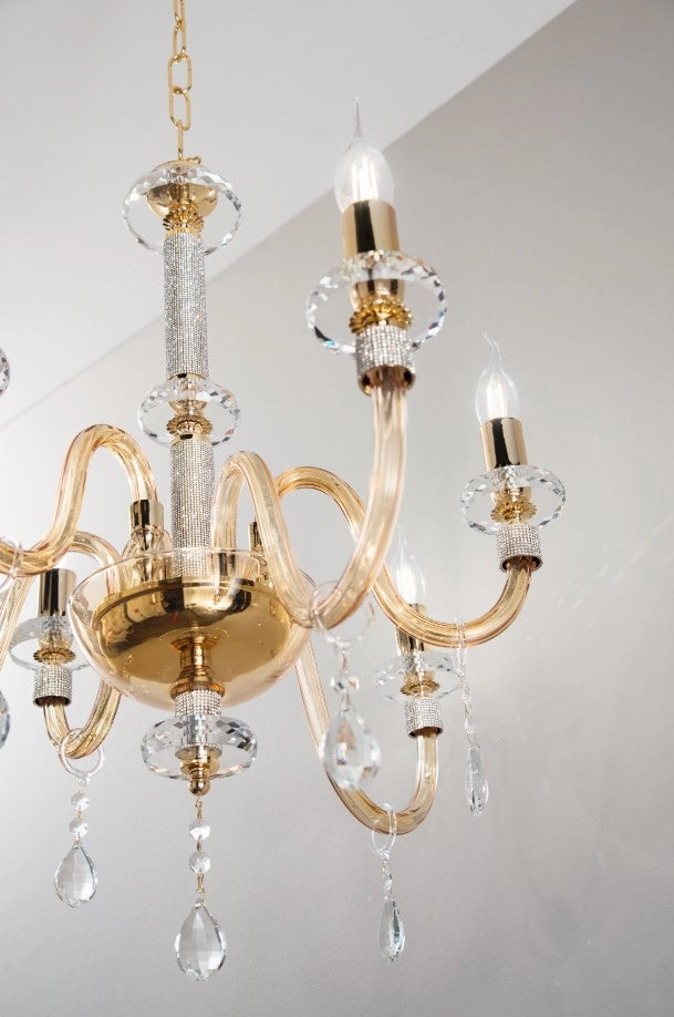 LAMPADARIO DIDO 6 LUCI AMBRA E ORO ATTACCO E14 D.65CM