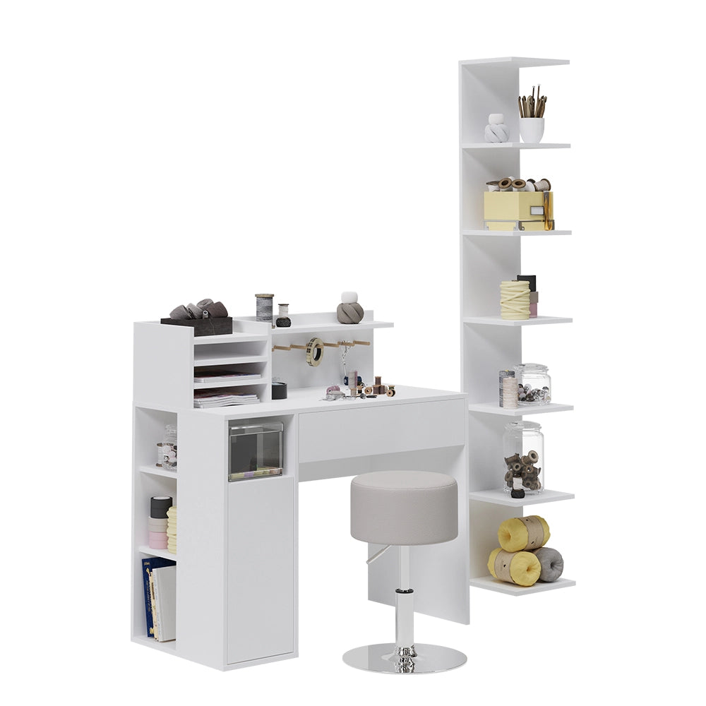 Vicco Scrivania Bianco 3 parti, con libreria e sgabello
