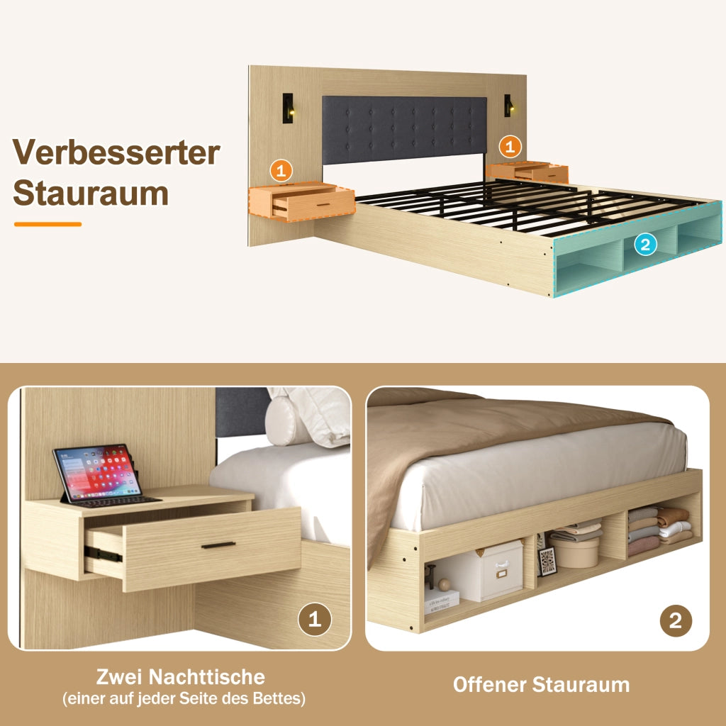 LETTO matrimoniale 180x200 cm con 2 comodini, USB e Type-C, rovere chiaro
