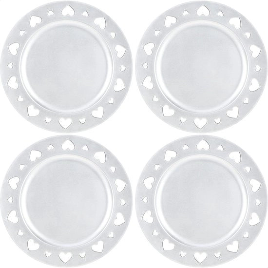 4 x piatti di protezione, argenteo lucido con bordo a motivi, piatti riciclabili, decorazione da tavola per matrimoni e altre occasioni, Ø 33 cm