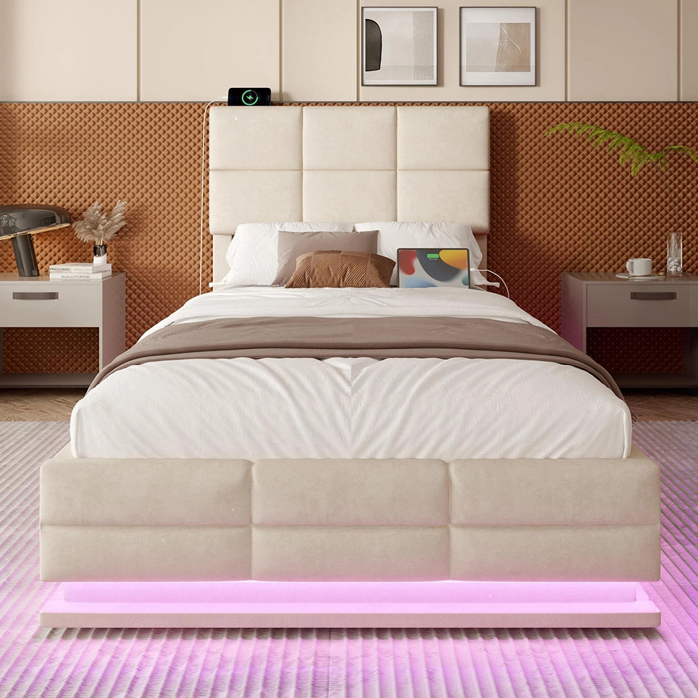 Letto 90x200cm imbottito - Xylo - velluto beige USB idraulico LED