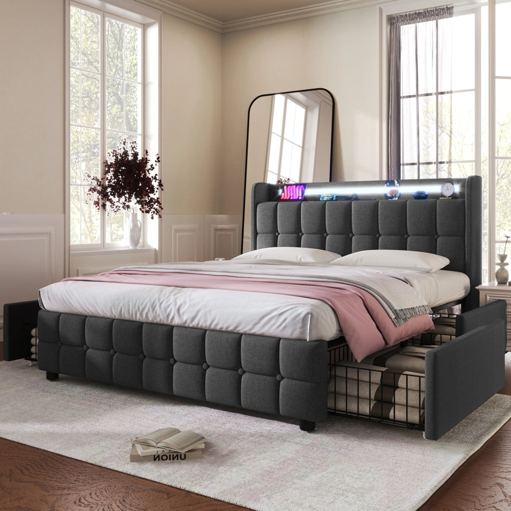 LETTO Contenitore 140x200 cm Grigio con 4 Cassetti, USB e LED