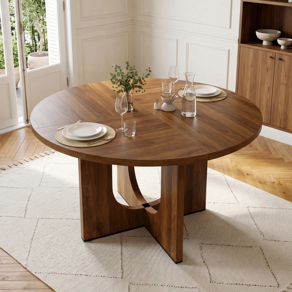Tavolo da pranzo rotondo 120 cm, 4-6 posti, colore noce, in MDF
