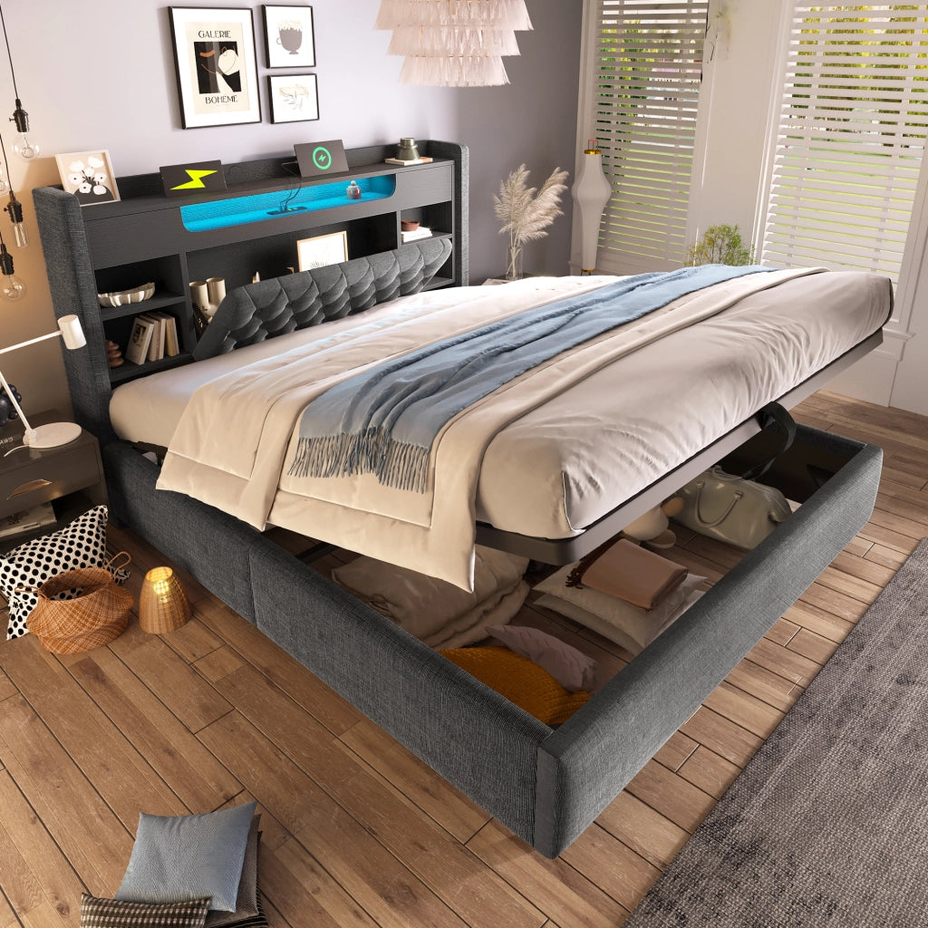 LETTO Contenitore 180x200 cm in lino grigio con LED e porte USB