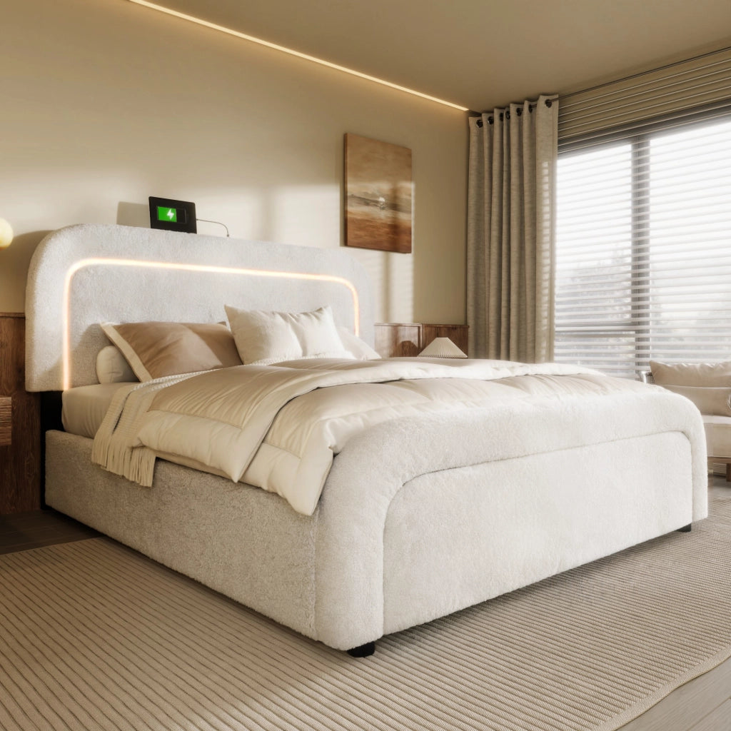 LETTO imbottito con USB Type-C, LED e 4 cassetti 140x200 cm Sherpa bianco