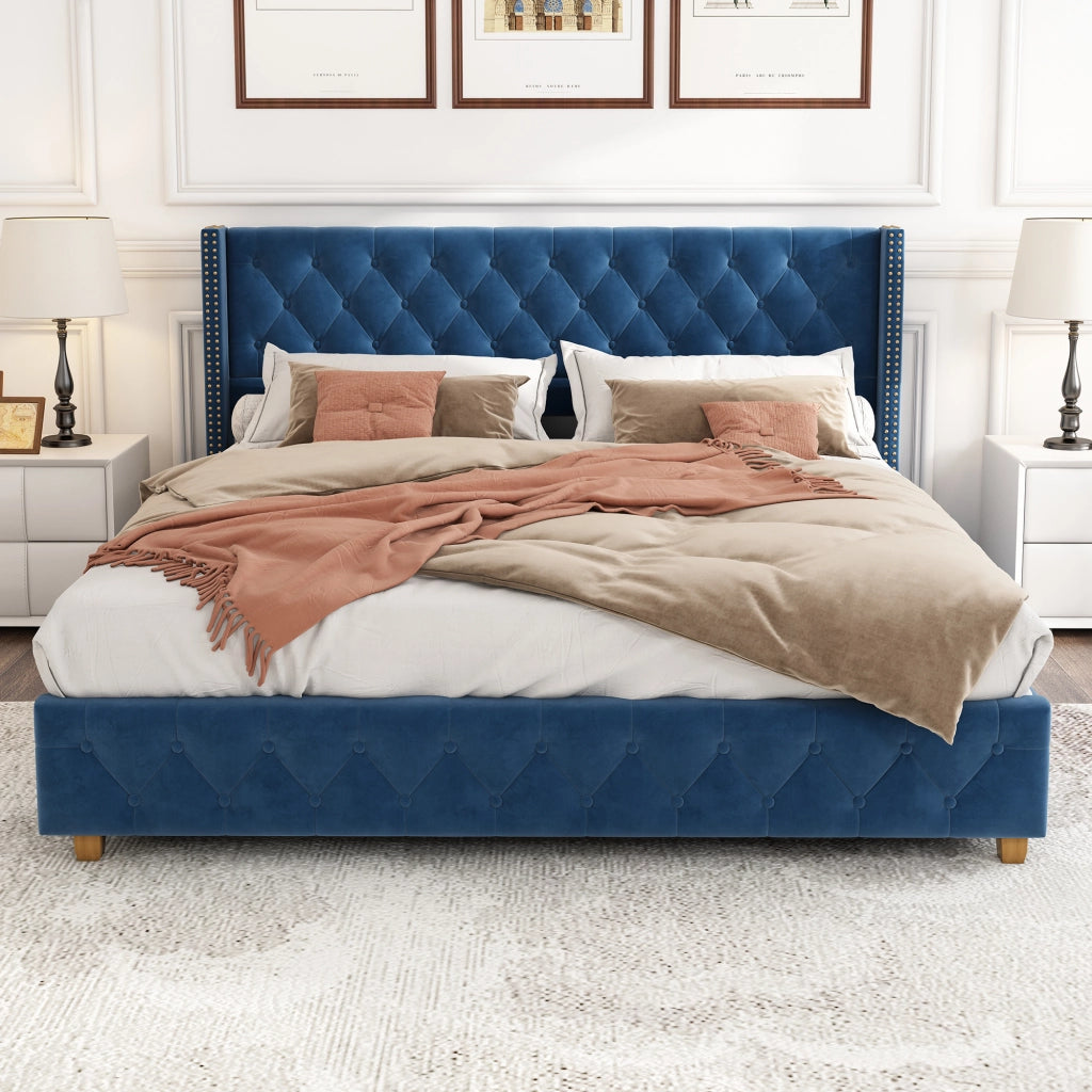 letto imbottito velluto blu 160 x 200 cm