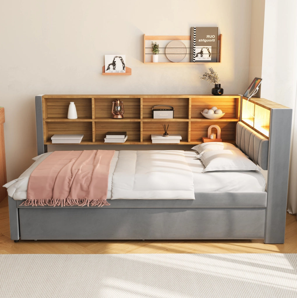 Divano letto multifunzione con letto estraibile, LED e prese integrate