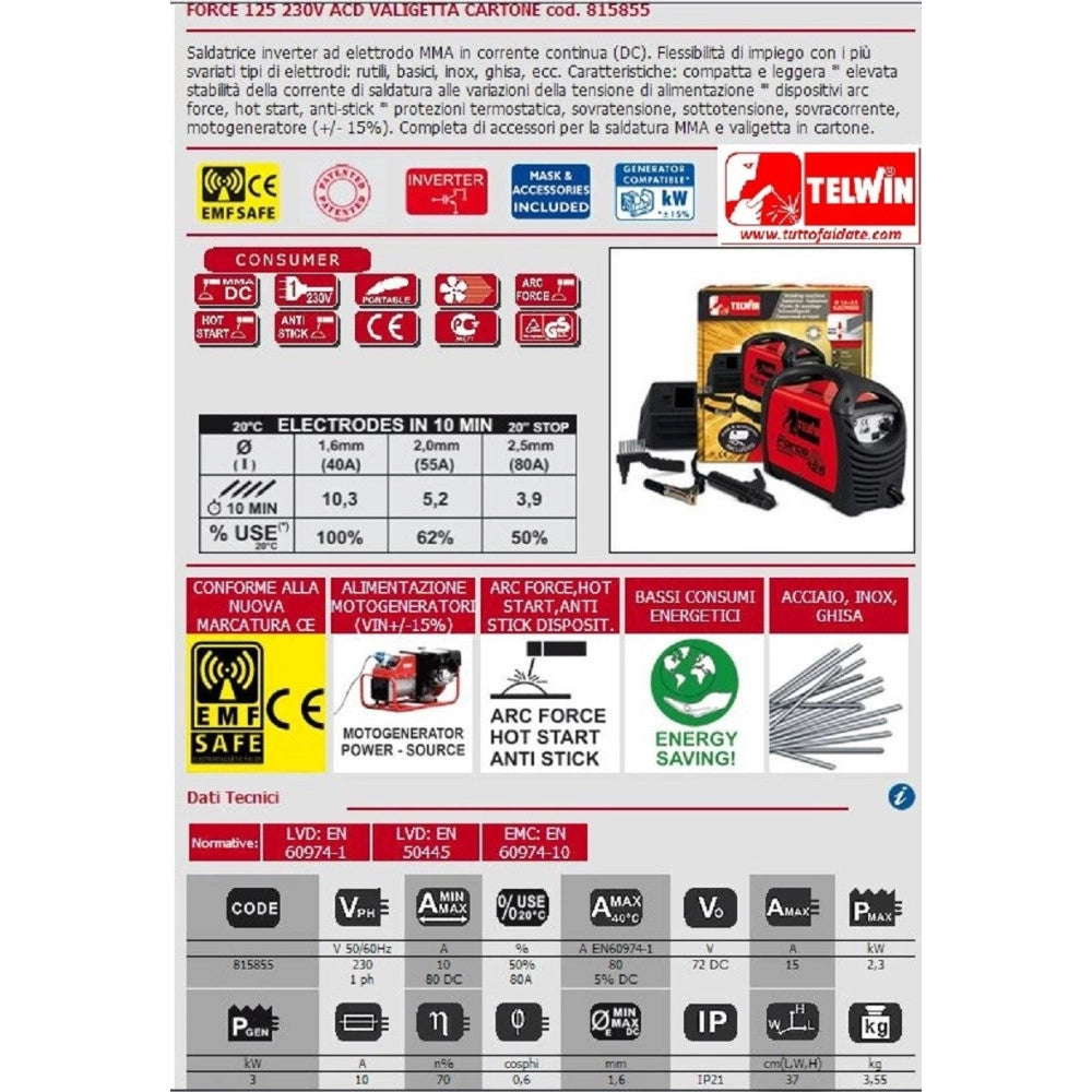 Trade Shop - Saldatrice Inverter Force 125 + Accessori - Telwin - Cod.815855 -