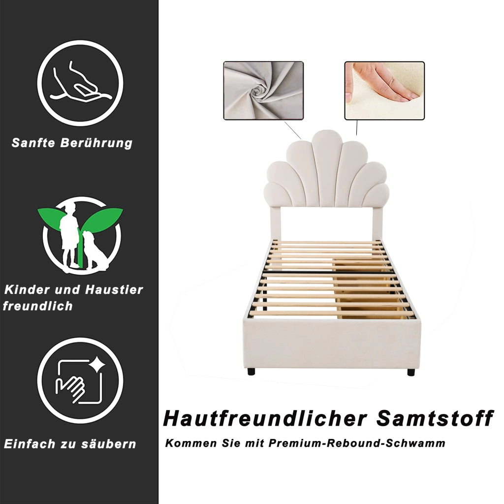 LETTO Imbottito 90x200 cm Beige con 2 cassetti