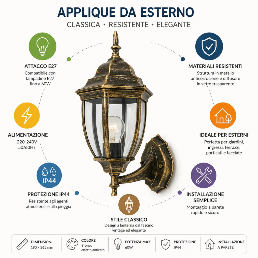 APPLIQUE DA ESTERNO LANTERNA PARETE E27 MAX 60W BRONZO ANTICO GIARDINO IP44 A2-S