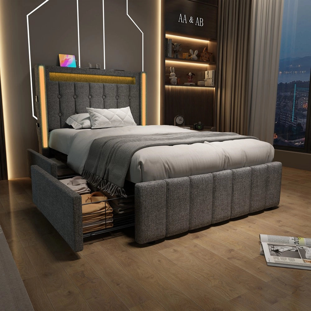Letto Imbottito con LED, USB e 2 Cassetti ¨C MINIMAL ¨C Grigio 90x200 Singolo