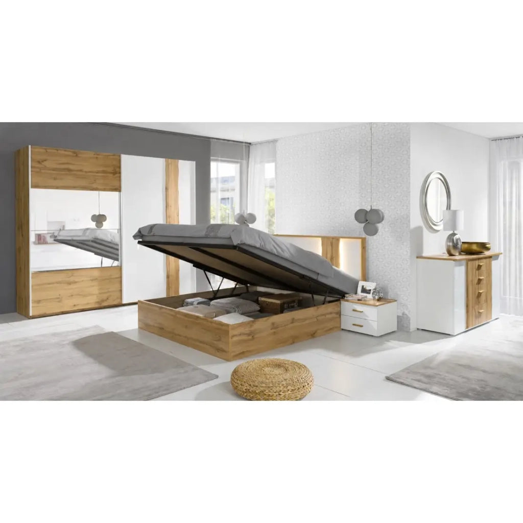 Camera completa WOOD con letto contenitore 160 x 200 cm LED, armadio 250 cm, cassettiera e comodini - Rovere e bianco