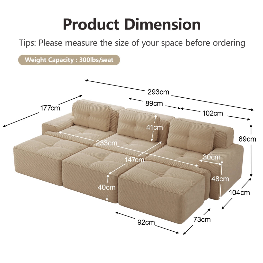 Divano Angolare Modulare 3 Posti con Pouf ¨C Xylo ¨C Beige, Tessuto Cord, con Dormeuse