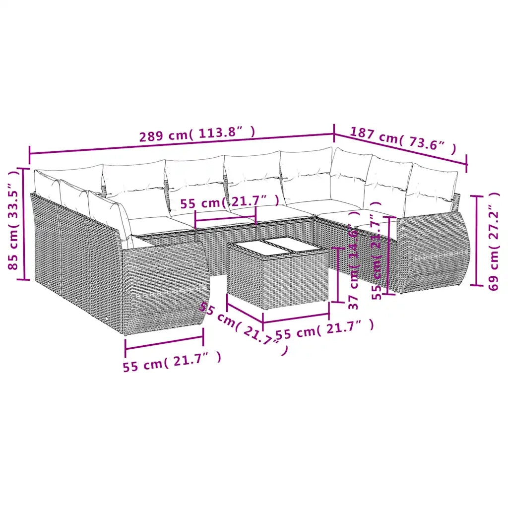 Set Divani da Giardino 10pz con Cuscini in Polyrattan Marrone 3254150